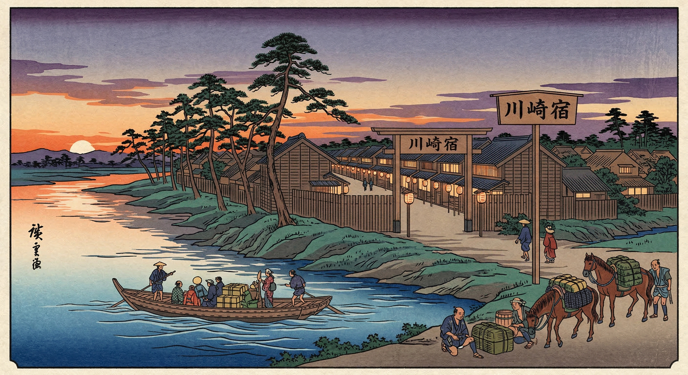 1601年の東海道整備計画当初、川崎宿は存在しなかった。品川・神奈川宿間の距離が長く伝馬役の負担が重いため、1623年に追加で設置された。