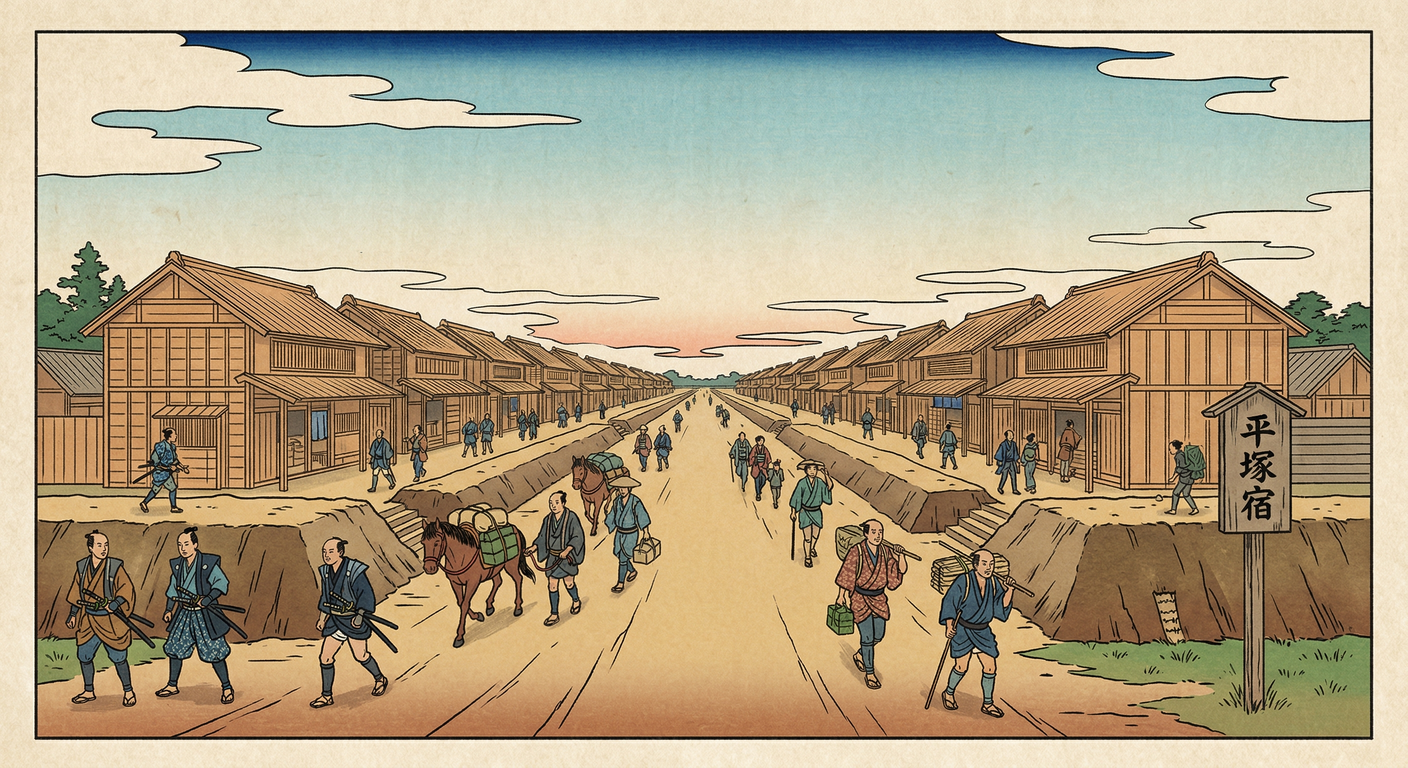 徳川家康は天下統一の一環として東海道整備に着手。1601年、戦略的要衝の平塚に宿場を設置し、人馬継立や継飛脚を担う伝馬制度を確立した。