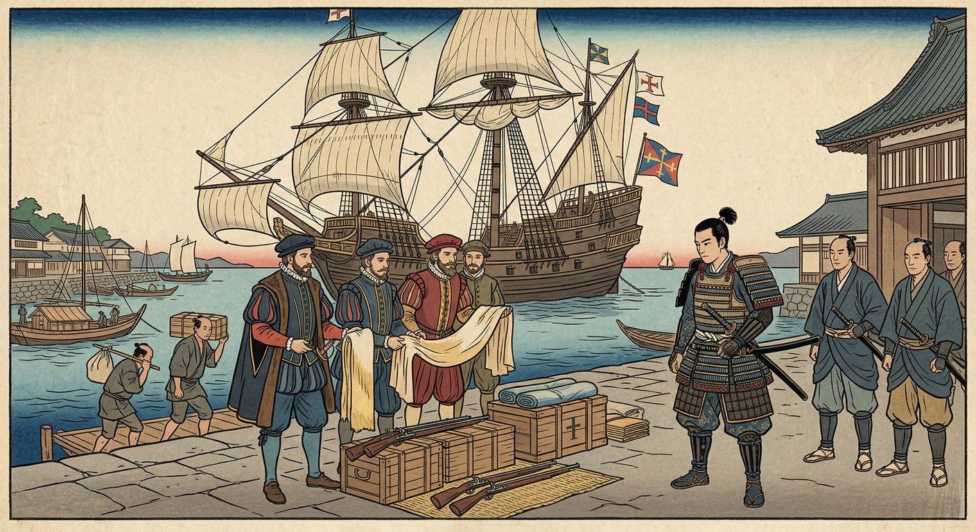 1550年、ポルトガル船が平戸に来航し南蛮貿易が活発化。松浦隆信は領国経営のため王直仲介で貿易とキリスト教布教を許可。鉄砲や生糸がもたらされ、日本の戦国時代と世界経済が接続する転換点となった。