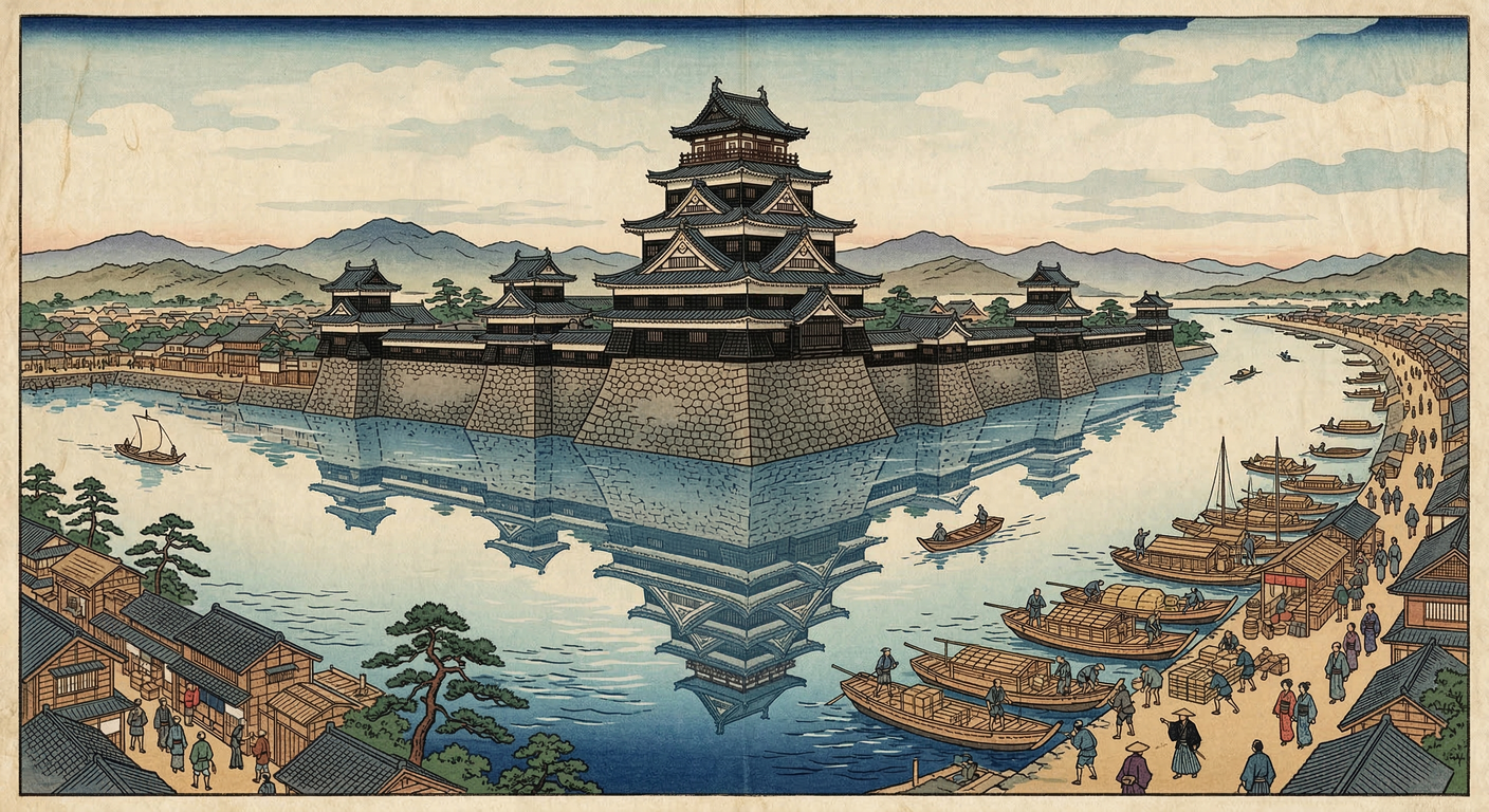 天正十七年、毛利輝元は広島城を築城。旧来の山城の限界を越え、秀吉の意向を汲み水運を活かした近世城郭都市を創出。関ヶ原で毛利氏は退去するも、広島城は現代広島の礎となった。