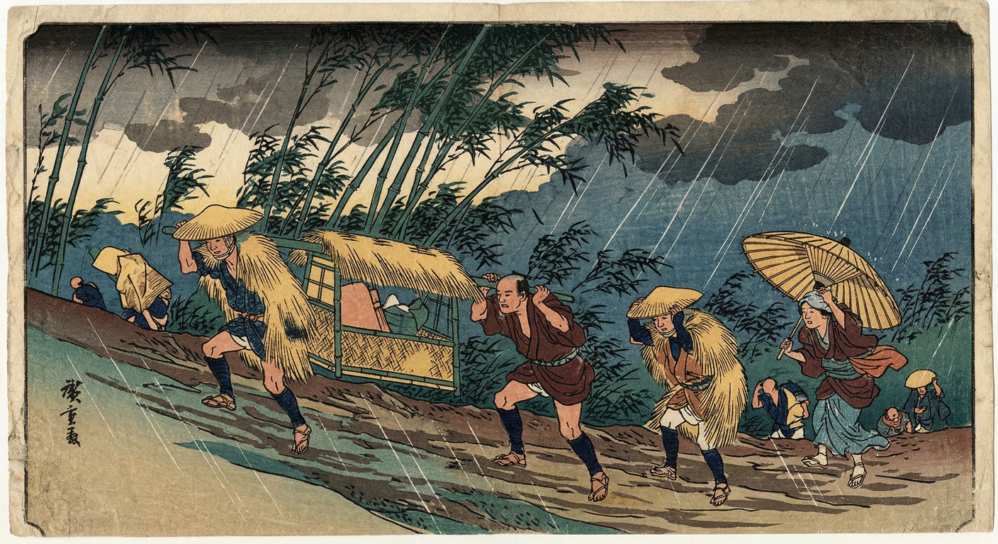 庄野宿は、1624年に徳川幕府が東海道の四日市・亀山間の長距離を解消するため新設。伝馬制度の課題を克服し、交通網の効率化と安定化を図る政策の一環。歌川広重の浮世絵「白雨」でも知られる。