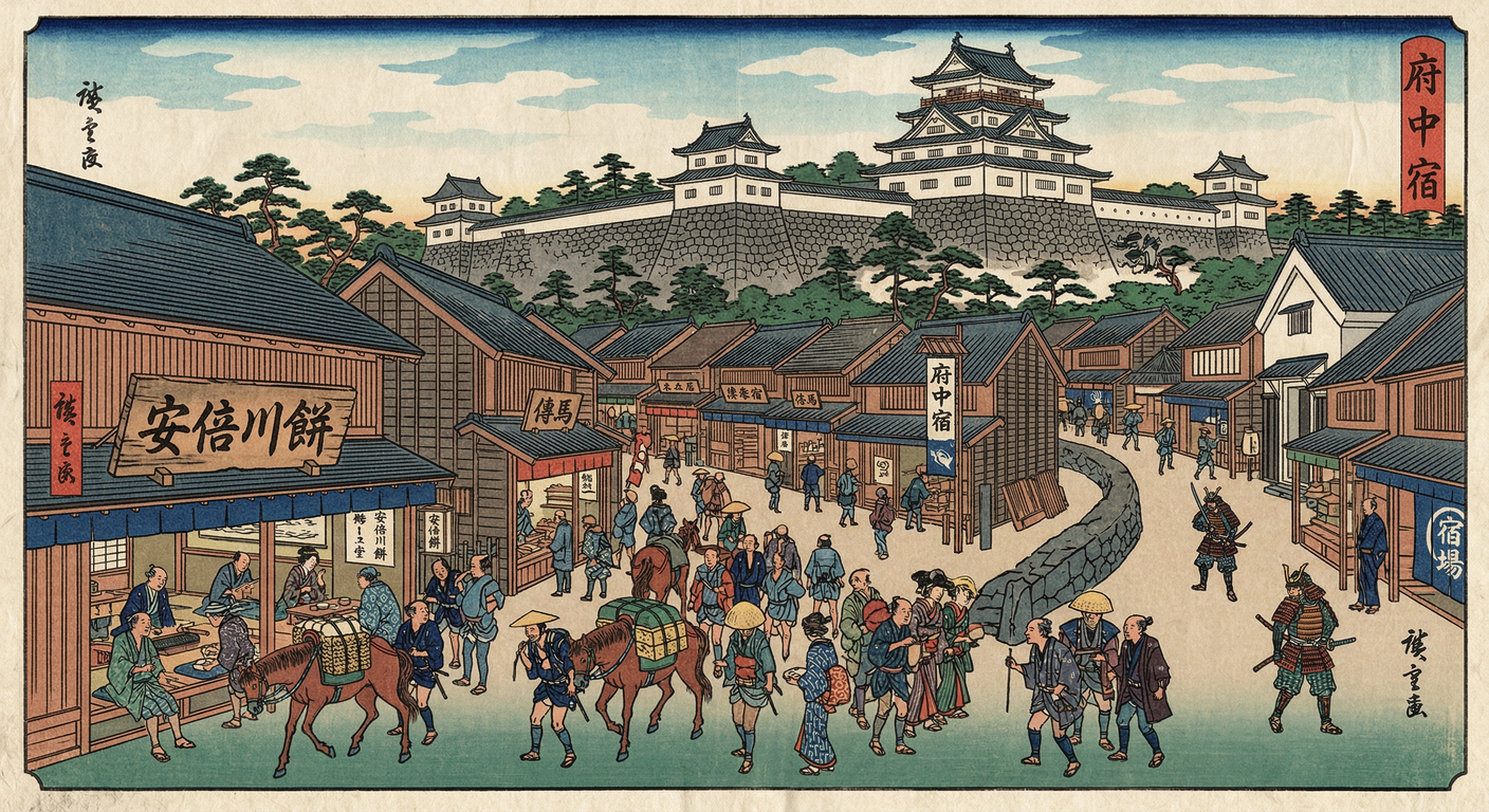 1601年、徳川家康は東海道府中宿を整備。駿府城と一体化し、東海道最大の宿場として、戦国終焉と泰平の礎を築く重要な役割を果たした。