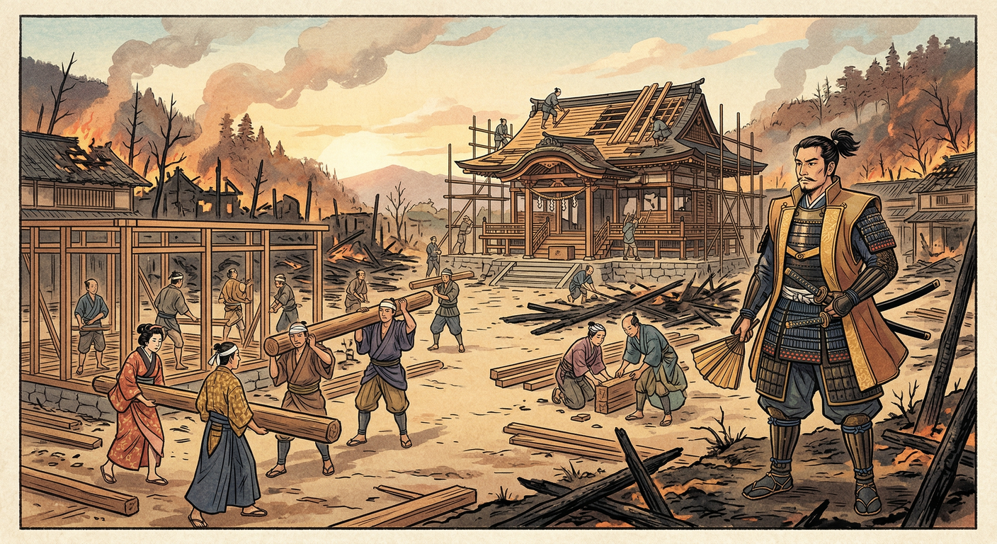 天正16年、大友義統は豊薩合戦で焦土と化した府内を町割再編。秀吉の九州平定後、制約下で祇園社領安堵や町人居住許可で復興を試みた。地方の現実的再生策で、後の府内発展の礎となった。