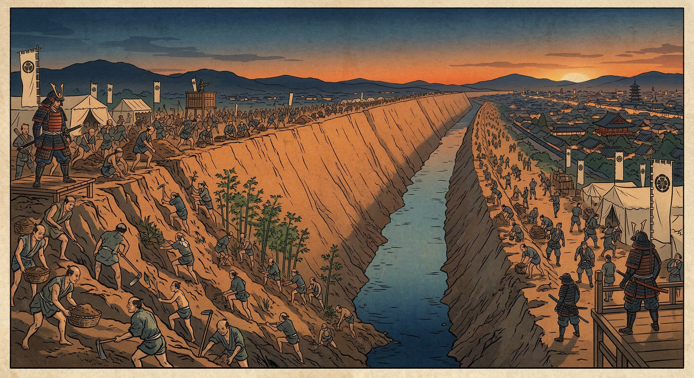 1591年、秀吉は京都に御土居を築造。軍事防衛、治水、都市計画、権威誇示を目的とし洛中洛外を区画。秀吉の絶対的権力と京都改造の集大成であり、近世都市の礎となった。