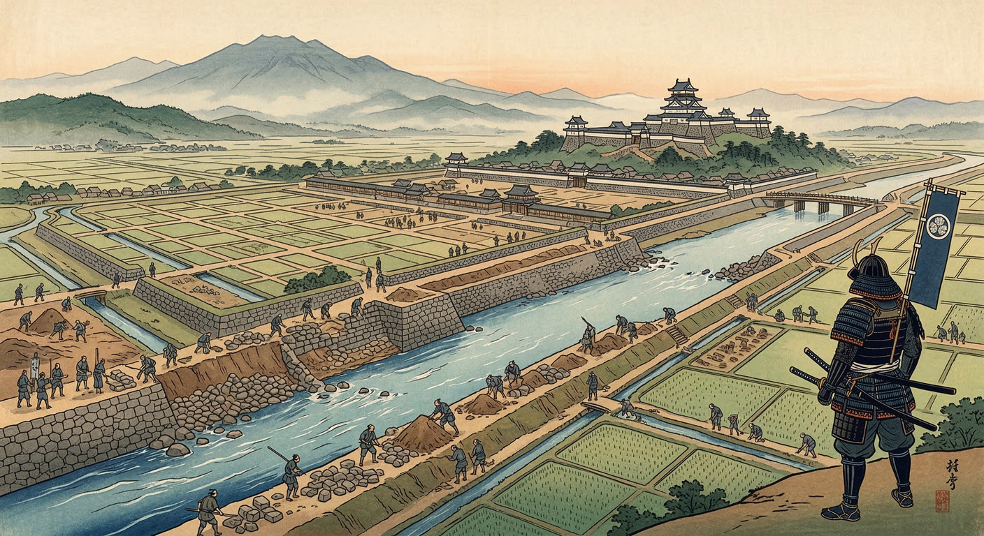 慶長六年、上杉景勝は米沢へ減封。家老直江兼続は、藩存続を賭し、治水・都市計画・産業振興を統合した「領国経営のグランドデザイン」を推進。防衛都市米沢を築き、家臣団を再編し、後の米沢藩の礎を築いた。