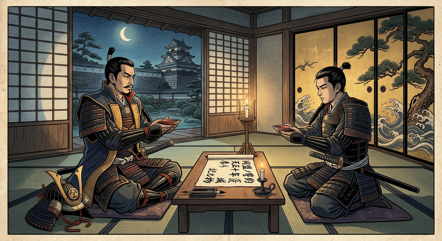 永禄五年、松平元康（徳川家康）と織田信長は清洲同盟を締結。桶狭間後の独立と美濃攻略という互いの戦略的利益が合致し、対等な攻守同盟が成立。信長の死まで20年間続き、家康の天下統一の礎となった。