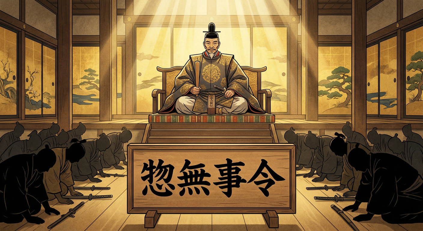 天正十三年、豊臣秀吉は惣無事令を発令。大名間の私戦を禁じ、豊臣政権の裁定に委ねさせた。九州平定や小田原征伐で天下統一を推進し、近世国家の基礎を築いた。