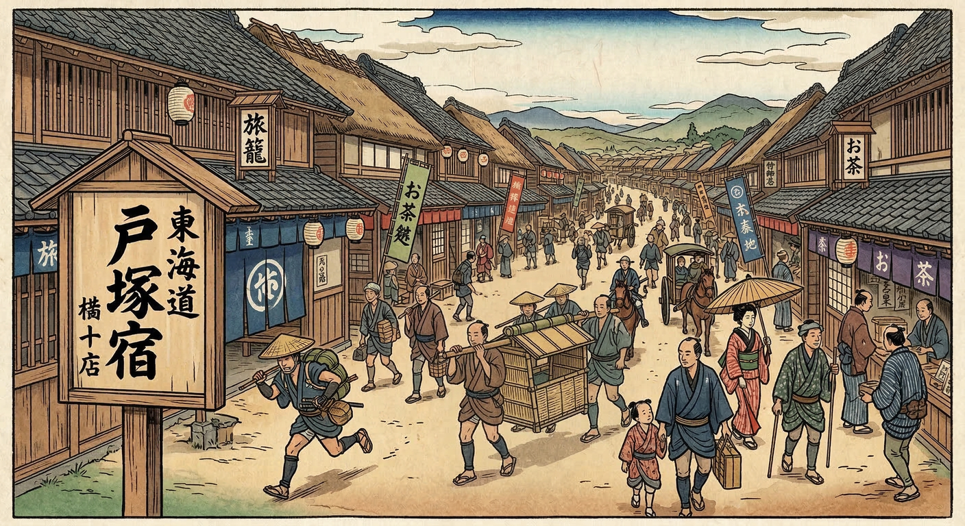 慶長6年、家康は東海道宿駅伝馬制度を整備したが戸塚は除外。保土ケ谷・藤沢間の難所から戸塚は非公式な「間の宿」として機能。澤邊宗三の尽力で慶長9年に公認され、中央と地方の協奏で宿場が誕生。