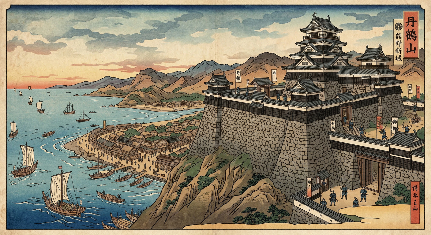 慶長五年、関ヶ原で西軍に与した堀内氏善は改易され、新宮は浅野氏の支配に。浅野忠吉は丹鶴山に新宮城を築城し、熊野の統治を刷新。これは中世的支配の終焉と近世国家の確立を象徴する。