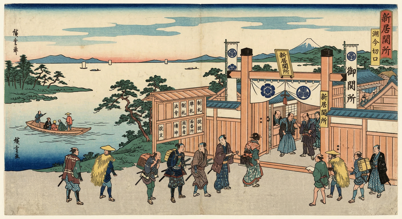 慶長年間、徳川家康は新居に関所と宿場を整備。西国大名の監視と江戸防衛が目的で、特に入鉄砲と出女を厳しく取り締まった。災害で度々移転したが、その度に再建された。