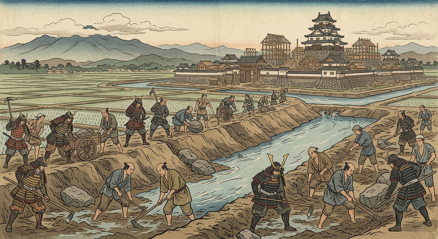 慶長五年、新発田藩主溝口秀勝は、越後蒲原平野の治水開田に着手。関ヶ原の戦いと越後一揆の混乱を乗り越え、民心掌握と富国強兵を両立。水害に苦しむ土地を豊かな穀倉地帯へと変貌させ、藩の礎を築いた。