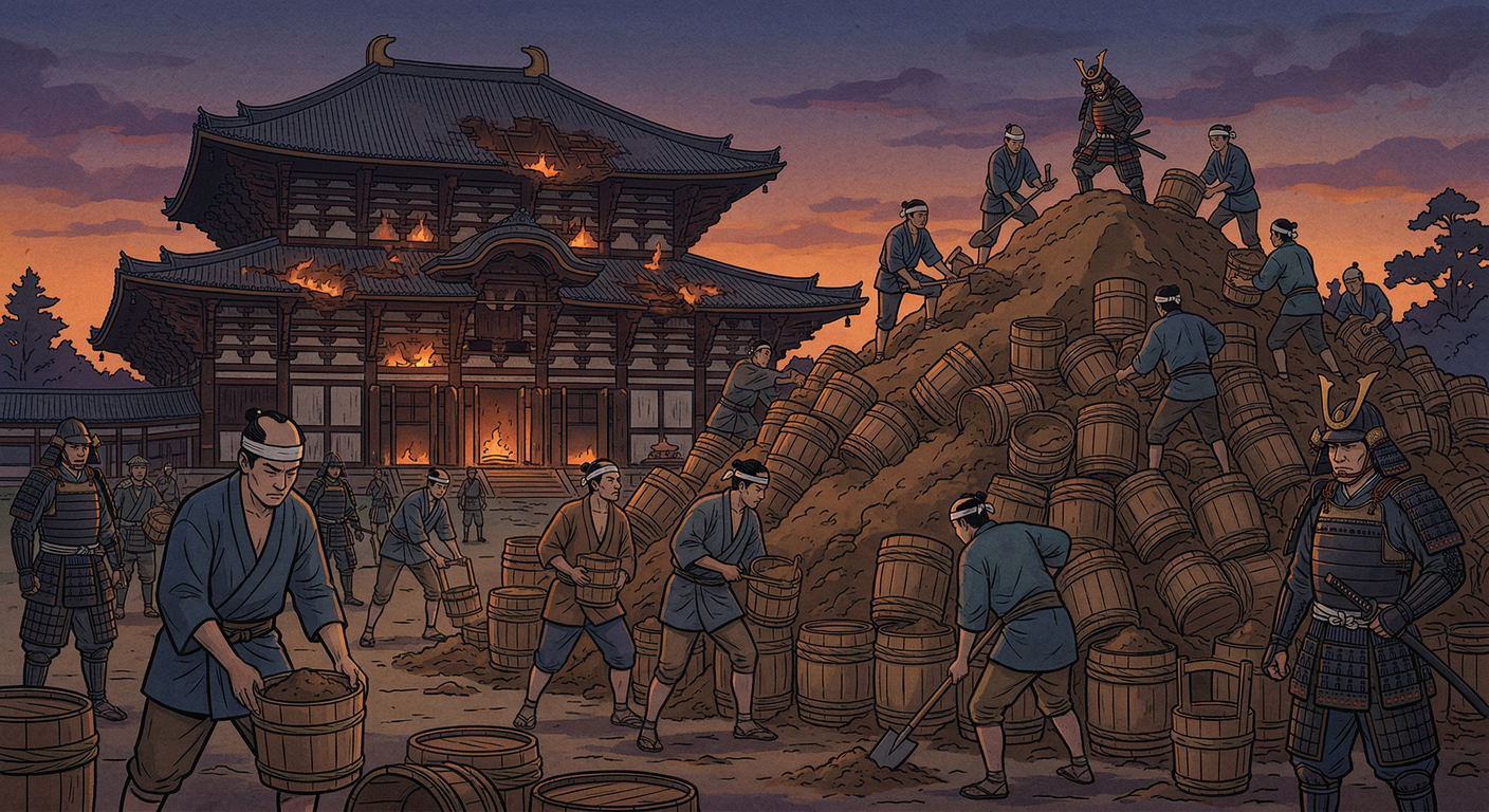 豊臣秀吉は慶長伏見地震で大破した方広寺大仏の再建をせず、慶長の役を優先。耳塚を築造し武力支配を誇示。晩年、善光寺如来を遷座させるも祟りを恐れ返還。秀吉死後、豊臣家は家康の策略で滅亡へ。