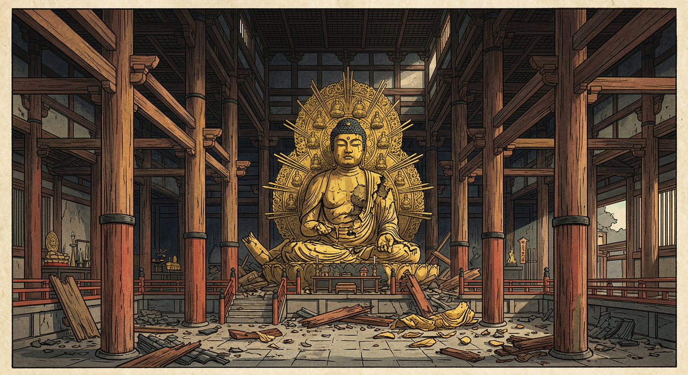 豊臣秀吉が建立した方広寺大仏は、慶長伏見地震で大破。秀吉の権威を揺るがし、伏見城も壊滅。秀吉は怒り、大仏を解体。善光寺如来を遷座させるも祟りを恐れ返還。この地震は豊臣家滅亡の遠因となる。