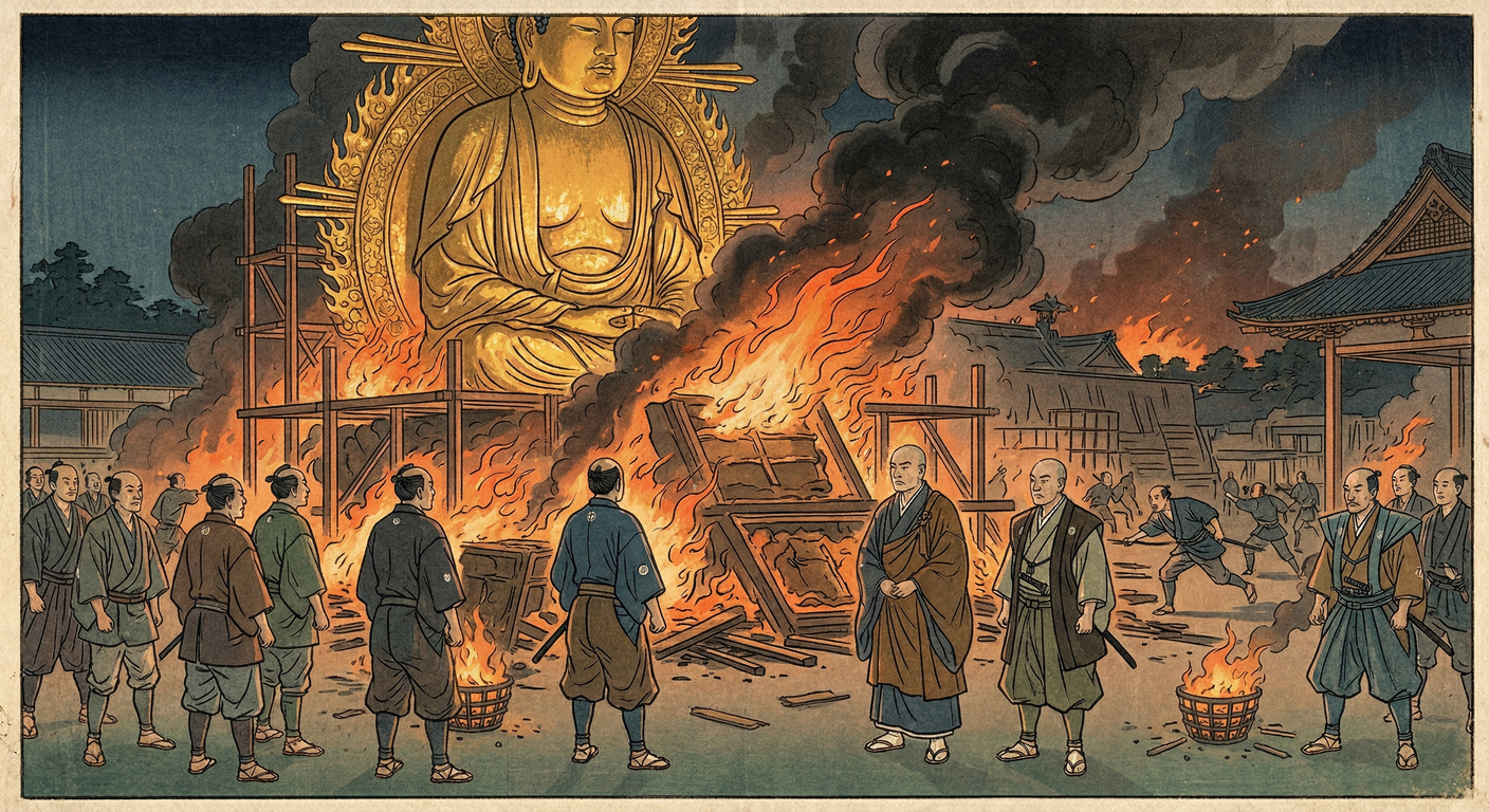 慶長7年、豊臣秀頼が再建中の方広寺大仏殿が火災で焼失。豊臣家の威信回復を阻み、徳川家康が豊臣家を経済的に疲弊させる口実となった。鐘銘事件を経て、大坂の陣の遠因となる。