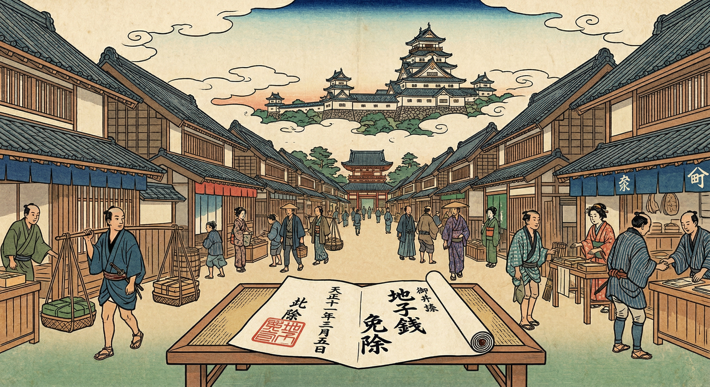 天正十六年、太閤秀吉は京都の地子銭を永代免除す。これは刀狩りと対をなす深謀。商都の活力を呼び覚まし、その富で天下を掌握。中世を終わらせ近世を拓く一策であった。