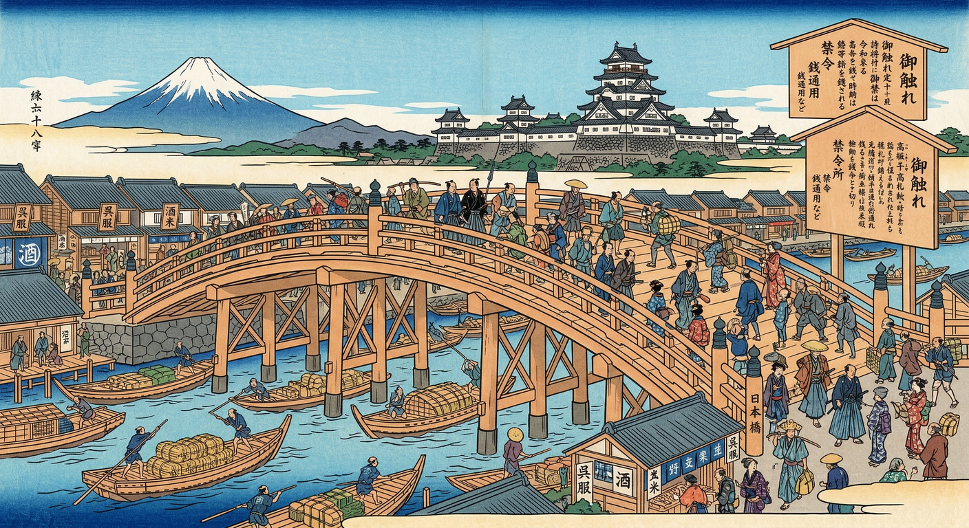 家康、将軍任官と同時に日本橋を架橋。天下普請で江戸を新首都とし、五街道の起点に。水運と陸運の要衝として経済を活性化し、戦国終焉と徳川泰平の象徴となった。