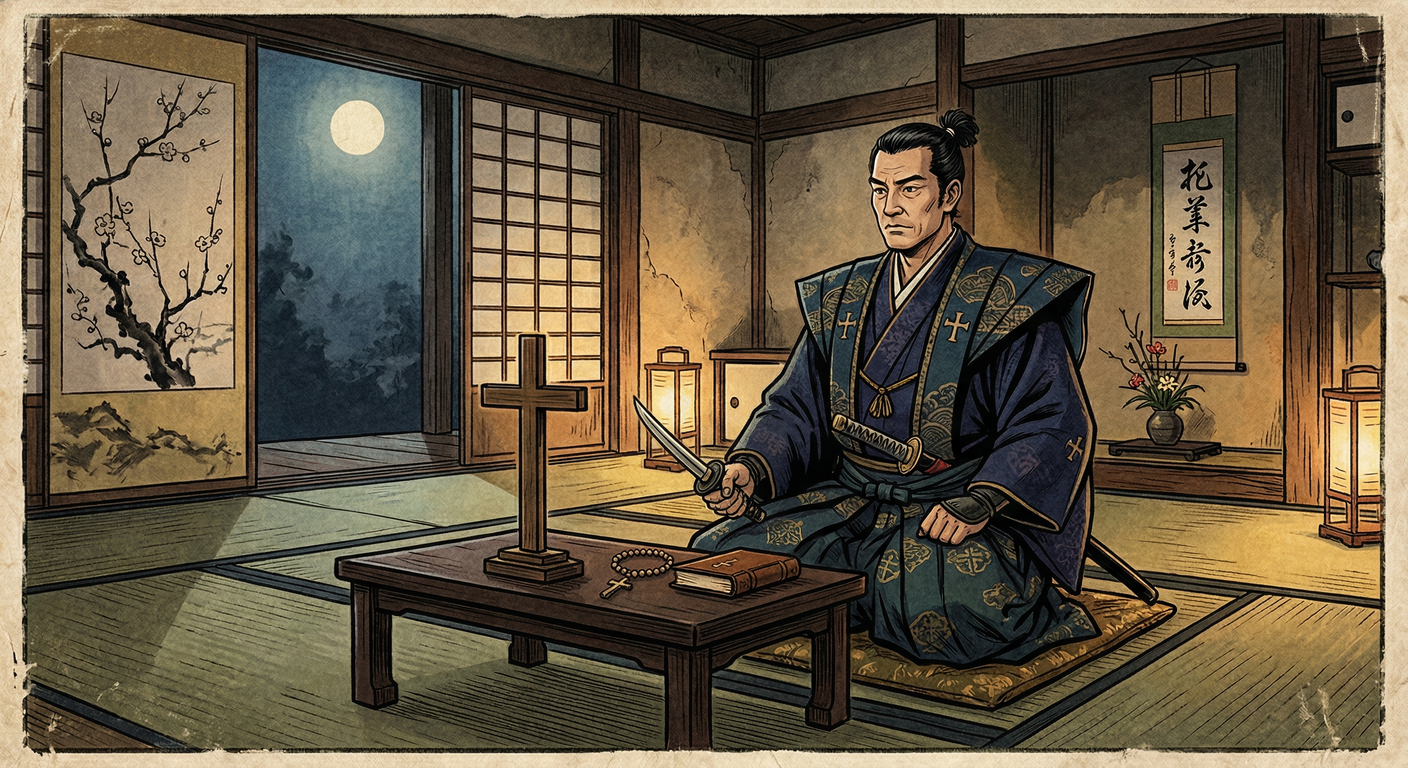慶長十七年、キリシタン大名有馬晴信は改易。旧領回復の執念から岡本大八に欺かれ、長崎奉行暗殺計画の嫌疑で失脚。信仰を貫き殉死。この事件は全国禁教令と島原の乱の遠因となった。