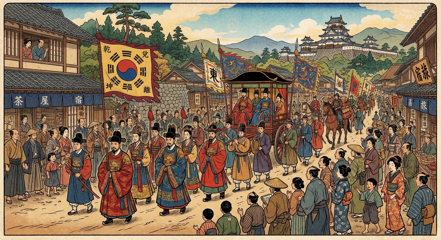 1607年、朝鮮通信使が来日。秀吉の朝鮮出兵で断絶した日朝関係を徳川家康が回復させ、平和的交流の時代が始まった。これは戦国時代の終焉と徳川外交の黎明を象徴する出来事であった。