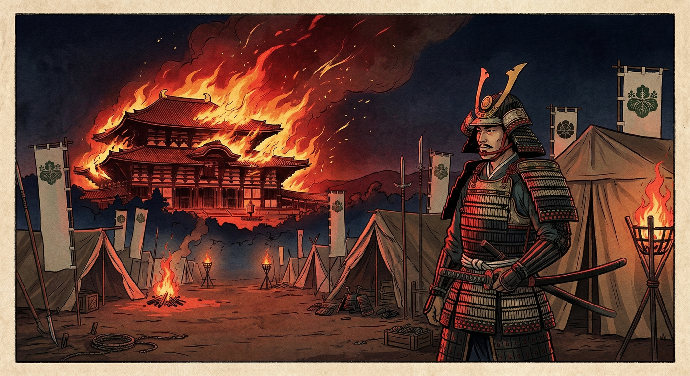 永禄十年、畿内の戦乱で東大寺大仏殿が炎上。松永久秀と三好三人衆の戦場となり、偶発的な失火が原因とされる。この悲劇は戦国時代の本質を象徴し、大仏殿の復興は長きにわたり放置。