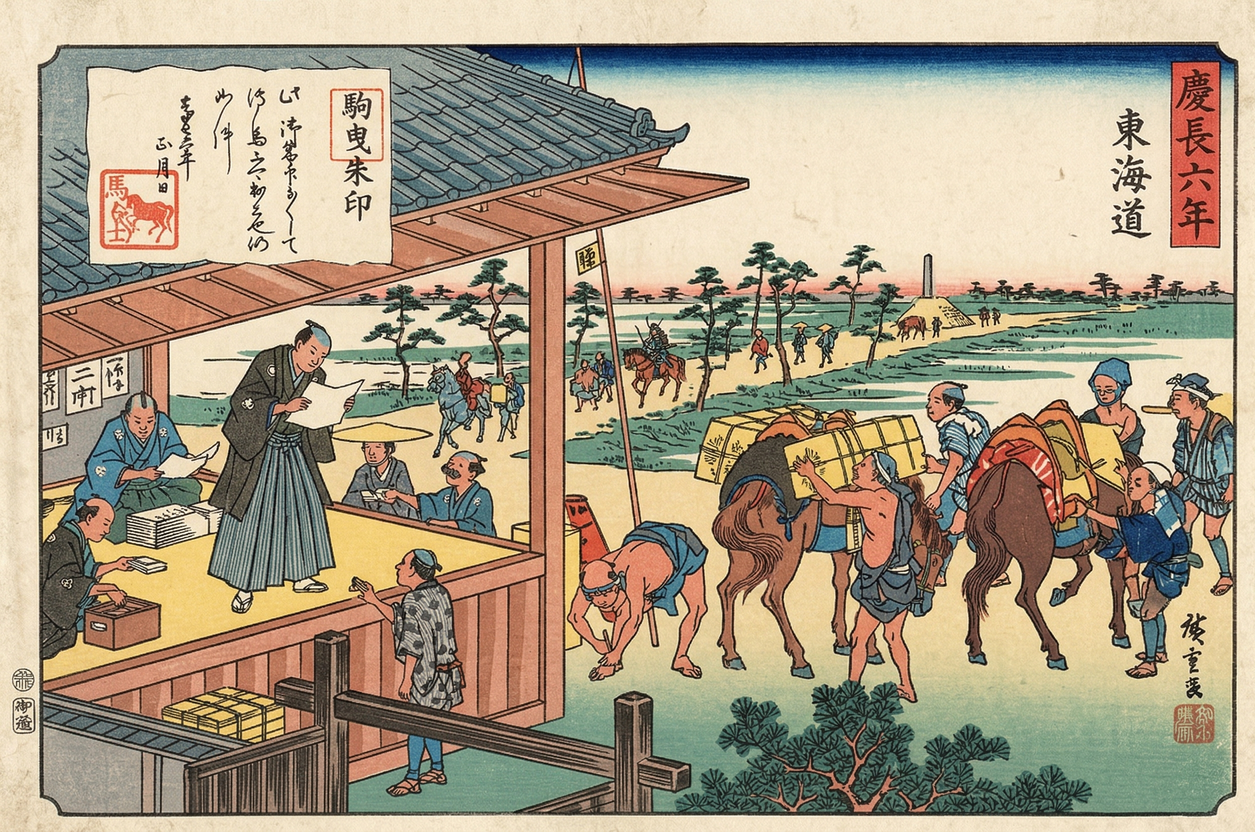 家康、関ヶ原後、東海道宿駅制を整備。伝馬朱印状で交通を統制し、宿場町を経済拠点に。助郷制度で農村に負担を転嫁し、継飛脚で情報網を確立。泰平の世の礎を築いた。