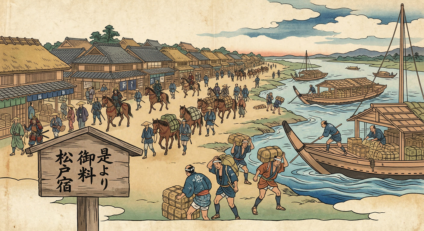 徳川家康が1602年に整備した松戸宿は、水戸街道と江戸川水運の要衝。江戸の物流を支え、関所と助郷で統制された複合的な交通拠点として、徳川国家建設の一翼を担った。