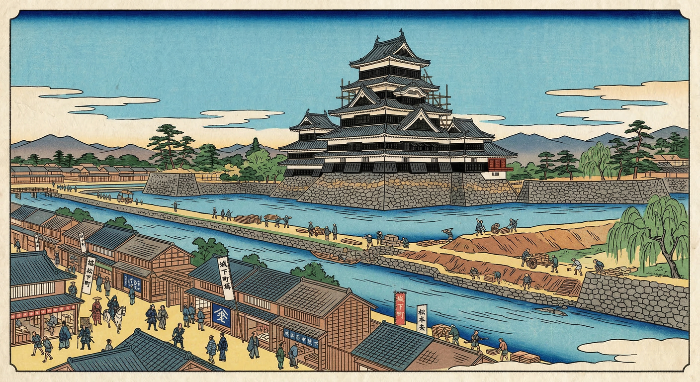 慶長3年、石川康長は父数正の遺志を継ぎ、松本城下を拡張。対徳川の最前線基地として、三重の水堀と天守を備えた堅固な城郭を築く。武家屋敷と町割りを整備し、近世都市の骨格を完成させた。