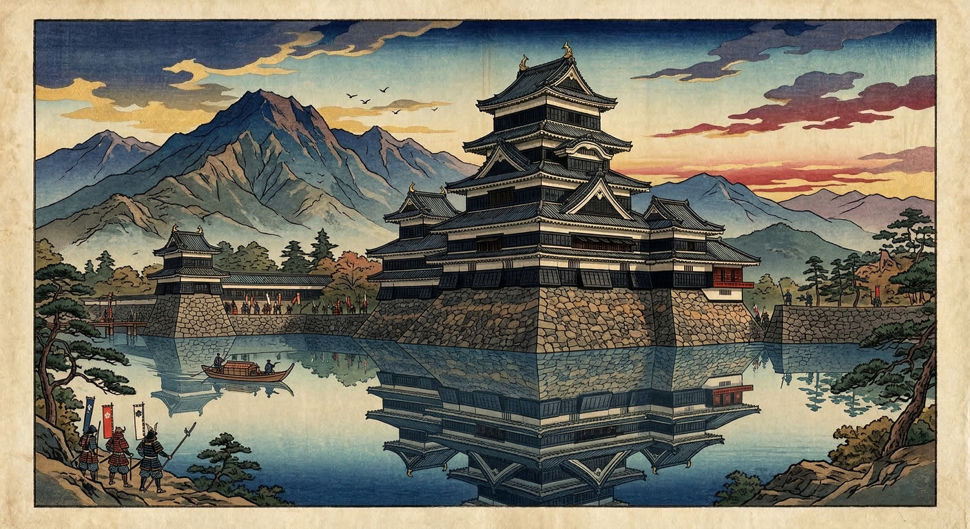 文禄3年、石川数正・康長親子は信濃松本に漆黒の天守を完成。豊臣秀吉の対徳川戦略の要として、軟弱地盤を克服し、実戦的防御と豊臣への忠誠を示す、戦国末期の象徴的城郭。