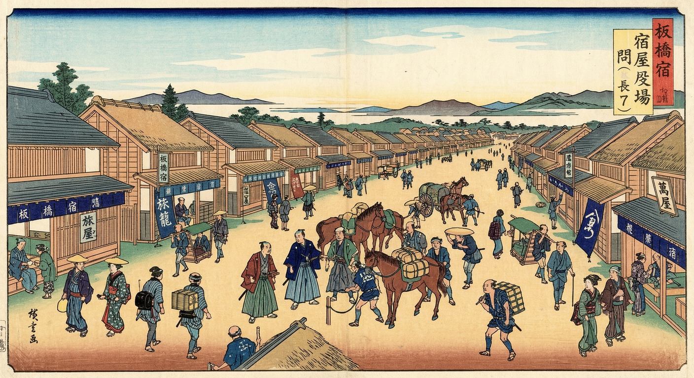 板橋宿は、1602年に徳川家康が中山道の最初の宿場として整備。江戸の北の玄関口として、軍事から行政への転換を象徴し、大久保長安の計画の下、伝馬制度により交通・情報網を確立。近世社会の礎を築いた。