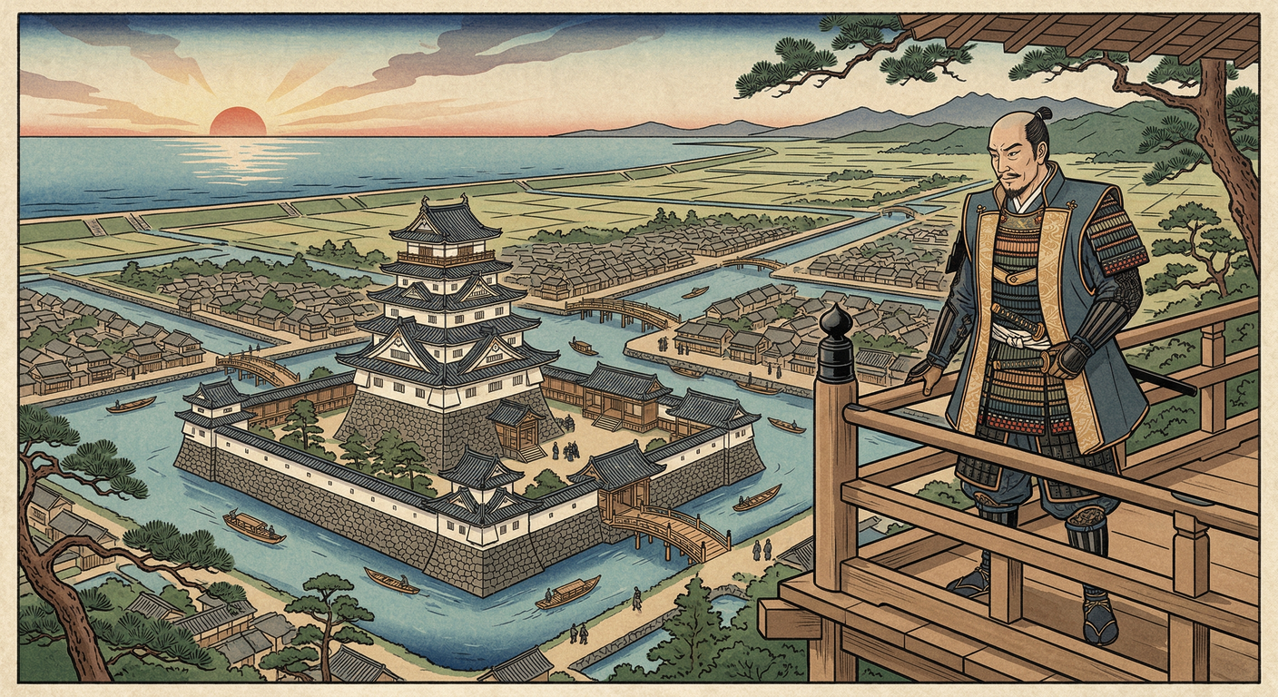 関ヶ原後、田中吉政は筑後柳川三十二万五千石を拝領。慶長六年より柳川城を大改修し、五層天守を築き、城下町を惣構とした。掘割を治水・水運・防御に活用し、慶長本土居を築くなど、筑後国経営の礎を築いた。