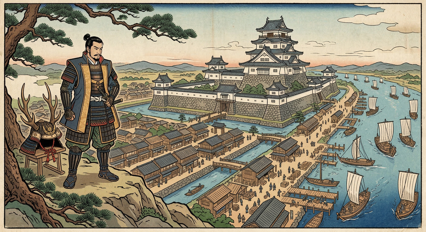 慶長六年、徳川家康の命を受けた本多忠勝は桑名に入封。関ヶ原後の要衝を軍事・交通・経済の拠点へと大改造。城下町を再編し、七里の渡しを整備。わずか八年で桑名の礎を築き、近世都市の模範とした。