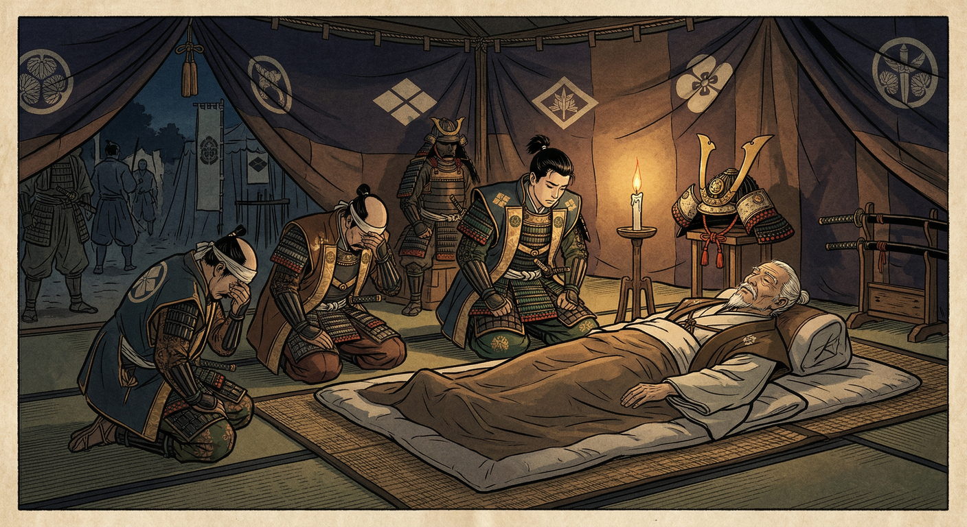 武田信玄は西上作戦中に病死。信長包囲網の一角として上洛を目指したが、三方ヶ原の戦いで徳川家康を破った後、病状が悪化し甲斐への帰途で死去。その死は信長包囲網の瓦解を招き、戦国史の転換点となった。