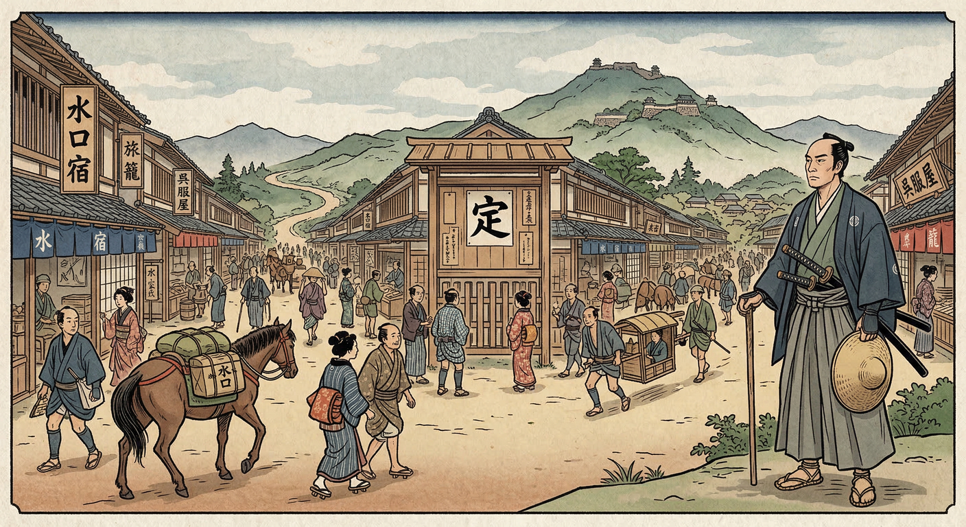 水口宿は、1601年に徳川家康が甲賀地域の独立性を解体し、東海道の要衝として整備。関ヶ原後の国家統治戦略の一環で、軍事拠点から経済・交通の中心への転換を象徴し、幕府の支配を確立した。