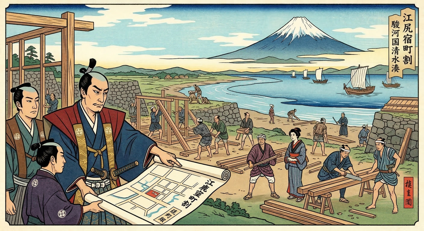 1601年、徳川家康は東海道江尻宿を整備。旧江尻城跡に築かれ、清水湊と連携し、陸海交通の要衝として、戦国終焉と泰平の礎を築く重要な役割を果たした。