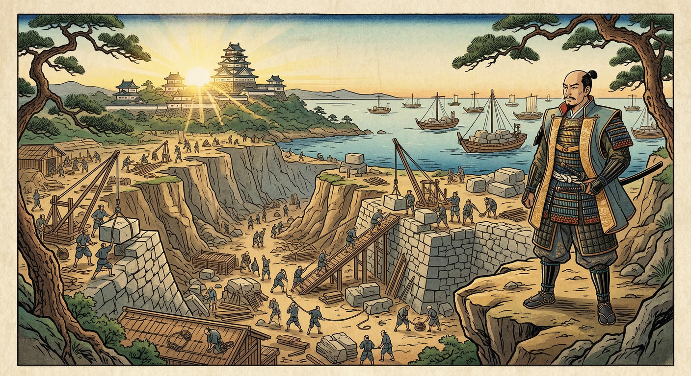 慶長11年、徳川家康は江戸外堀掘削を天下普請で開始。これは豊臣家を牽制し、大名の財力を削ぎ、徳川の覇権を確立し巨大都市江戸の礎を築く壮大な事業であった。