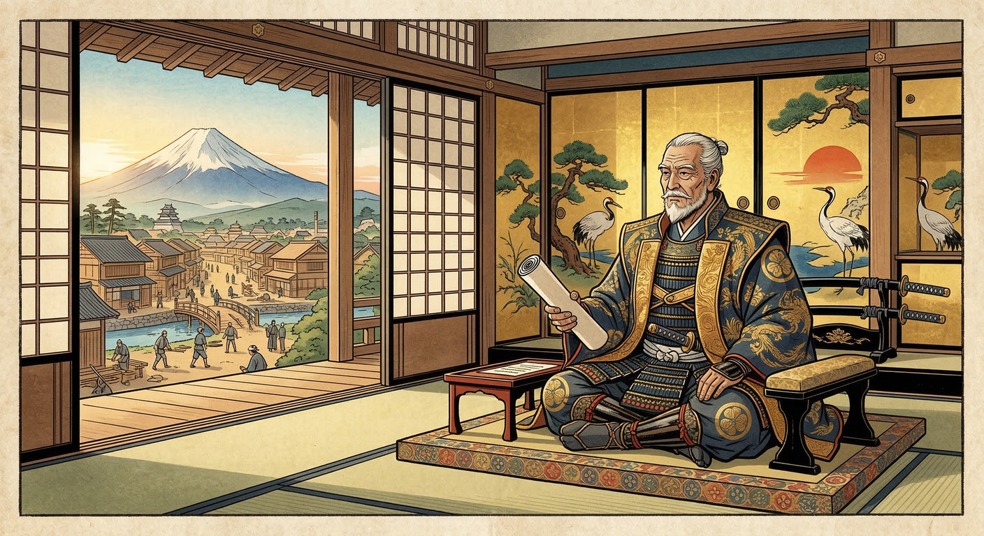 家康、関ヶ原の勝利後、1603年に江戸幕府を開府。豊臣家を一大名に転落させ、天下普請で江戸を首都に。幕藩体制を確立し、260年続く泰平の世の礎を築いた。