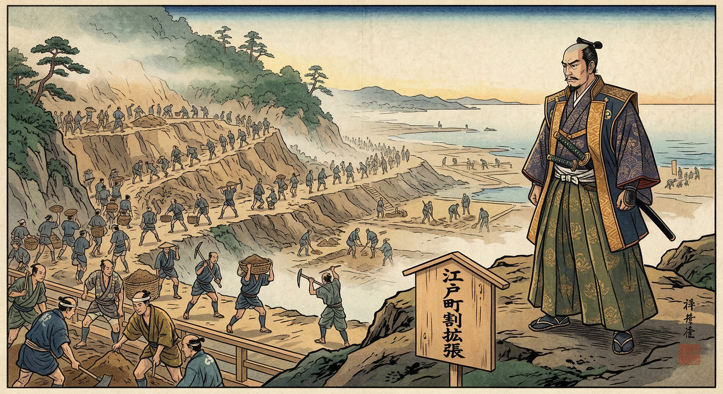 家康、慶長九年に江戸町割を拡張。天下普請で外様大名を動員し、神田山開削と日比谷埋立で新都を創造。防衛と発展を両立する螺旋構造で、徳川長期支配の礎を築いた。