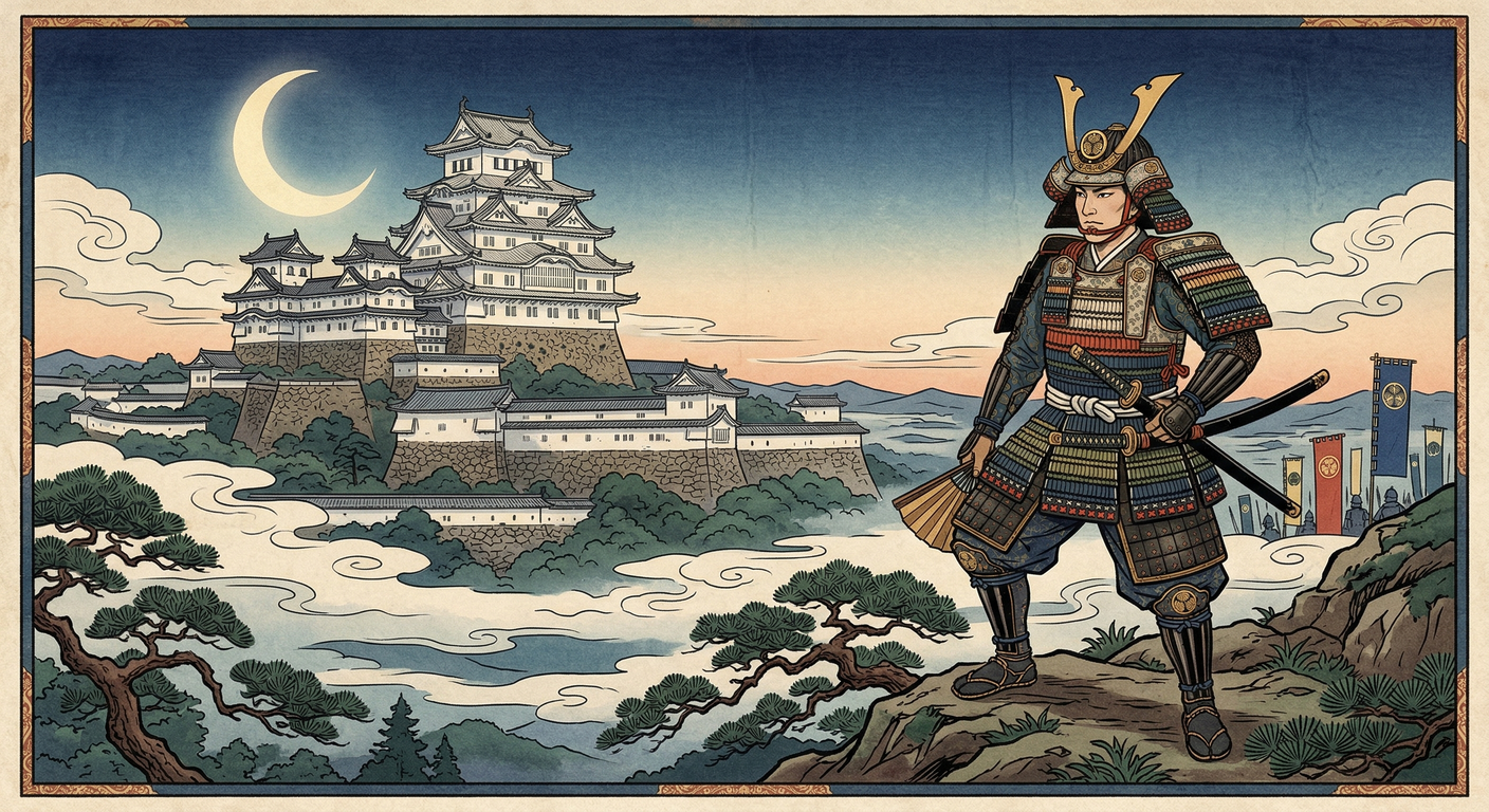 慶長五年、池田輝政は関ヶ原の功により播磨52万石に封じられ、姫路城に入城。徳川家康の娘婿として西国将軍と称され、姫路城大改築で徳川の威光を示し、西国支配の要を担った。