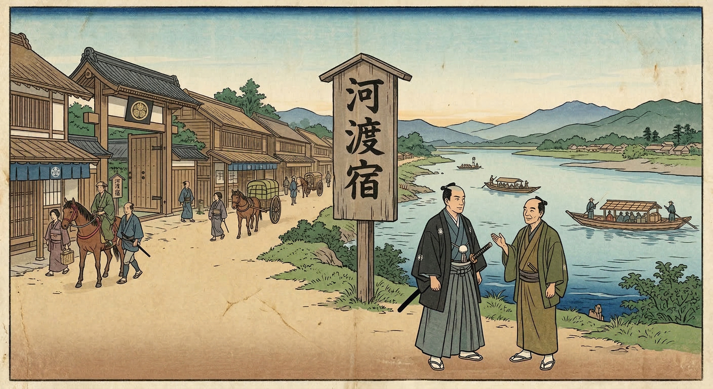 1602年の河渡宿整備は、関ヶ原後の徳川家康による国家再編。戦場から中山道の宿駅へ転換し、伝馬制で交通・行政の要衝に。水害との闘いも宿命。