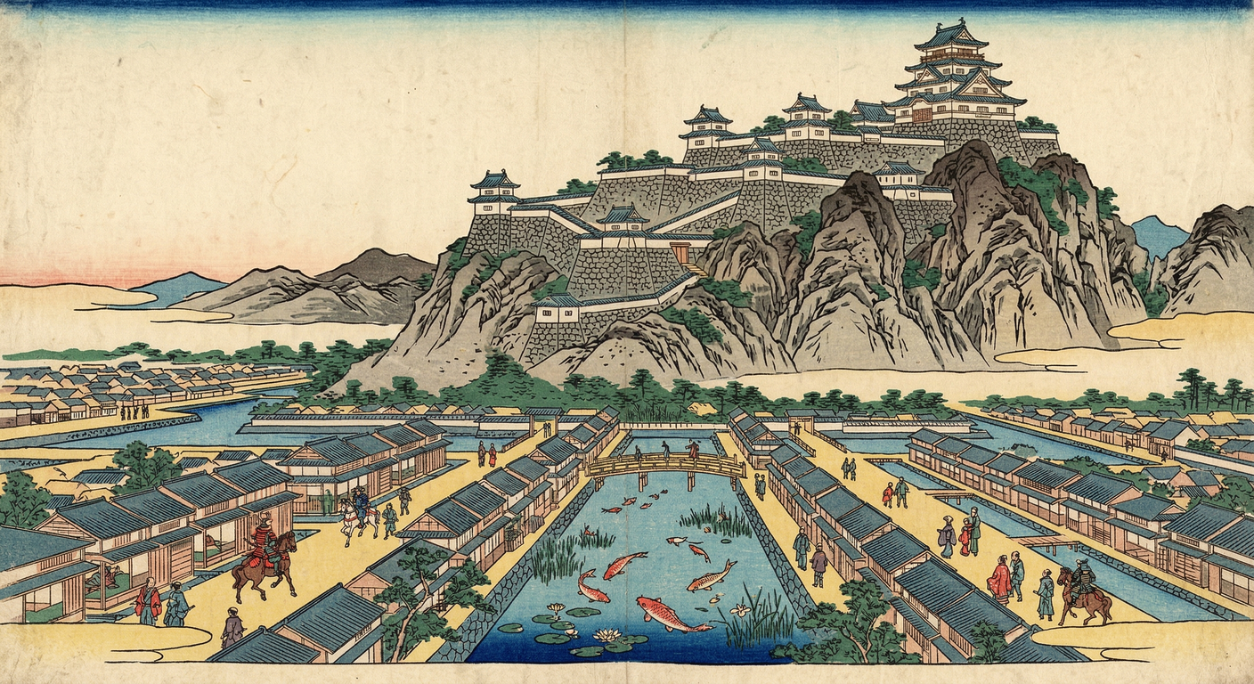 慶長六年、関ヶ原の戦後、坂崎直盛は徳川家康の命で津和野城主となる。対毛利の要衝として、中世山城を総石垣の近世城郭へ大改修。城下町も整備し、鯉の泳ぐ風景の礎を築いた。