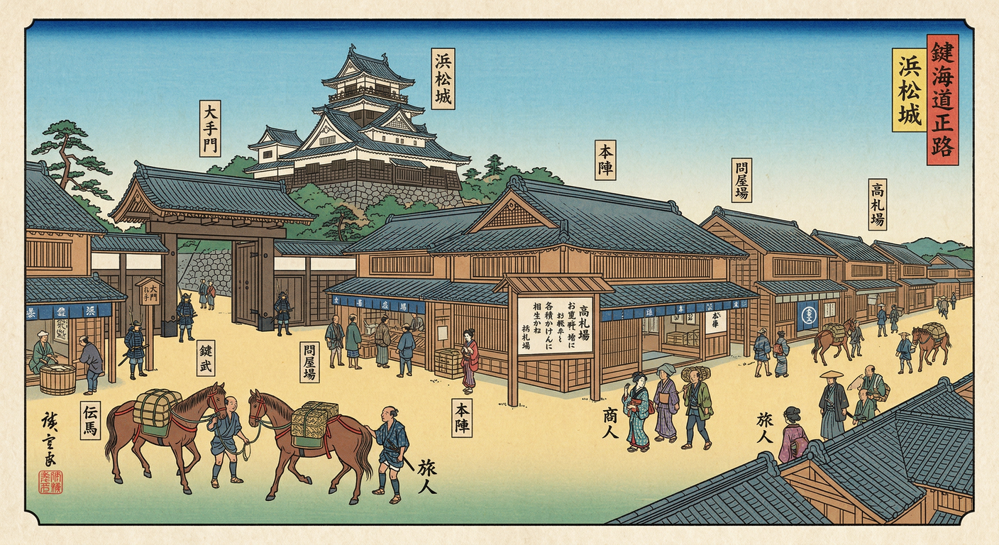 慶長六年、徳川家康は自らの拠点浜松に宿場を整備。対武田の軍事都市から、東海道の交通・経済拠点へと再編した。城下に鍵の手構造を残し、有事にも備える設計だった。