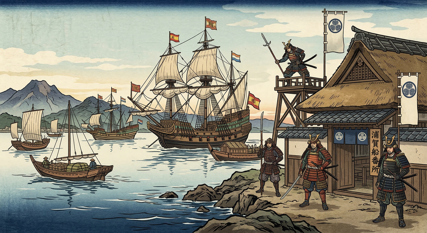 1606年、家康は浦賀湊を整備。江戸防衛の海上関所とする国内統制と、三浦按針を登用しスペインとの太平洋貿易拠点とする国際港化、二つの野望を同時に進めた。