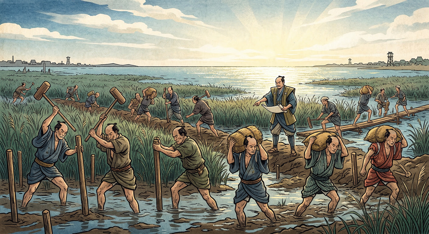 徳川家康が江戸幕府を開いた1603年、深川干拓が着手された。戦国期の技術と民間活力を結集し、江戸の食糧供給と都市拡大を支え、後の東京発展の礎を築いた。