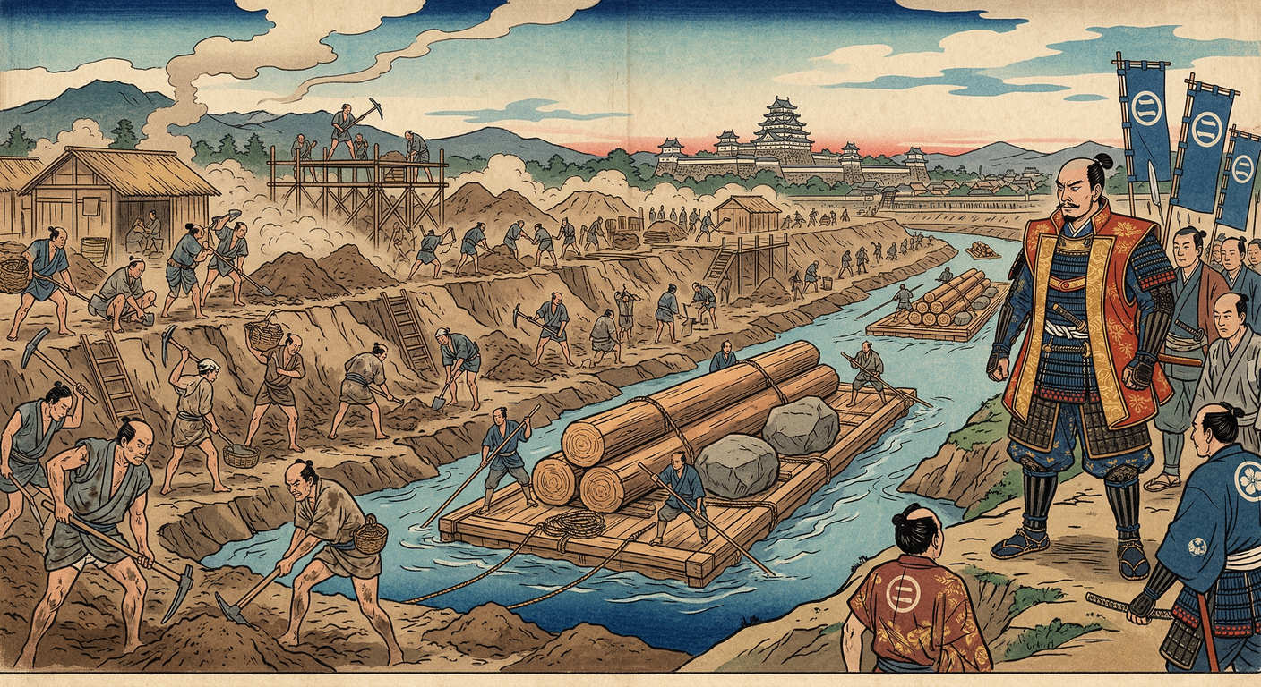 1610年、徳川家康は名古屋城築城と堀川開削を命じた。これは対豊臣戦略と経済的要請を兼ね、天下普請で外様大名の財力を削ぐ狙いがあった。福島正則が総奉行を務め、堀川は名古屋の発展と防衛の要となった。