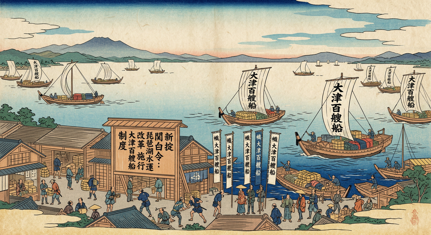 天正15年、豊臣秀吉は琵琶湖水運座を廃止。中世的権益を解体し、大津百艘船を組織。船奉行による一元管理で、大坂中心の物流を確立。中央集権化政策の一環として、近世国家形成を促進した。