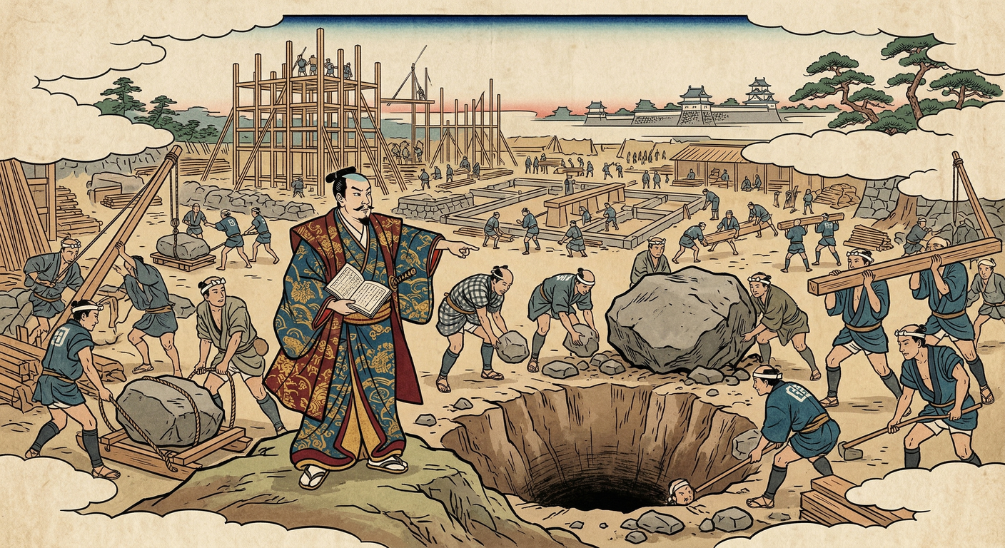 文禄4年、秀次事件で豊臣政権が混乱。秀吉は大坂城普請を急ぐも大名動員が困難に。そこで町人請負普請が拡大し、武士から町人へ社会資本整備の担い手が移行。戦国「武」から近世「富」への転換点となった。