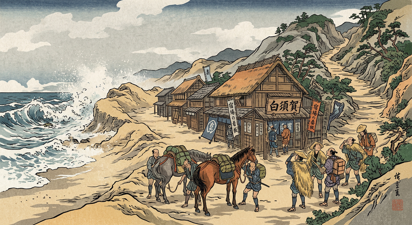 慶長六年、徳川家康は東海道の難所・潮見坂の麓に白須賀宿を整備。これは関ヶ原直後の天下統一事業の一環で、交通の安定化と支配体制の強化が目的であった。