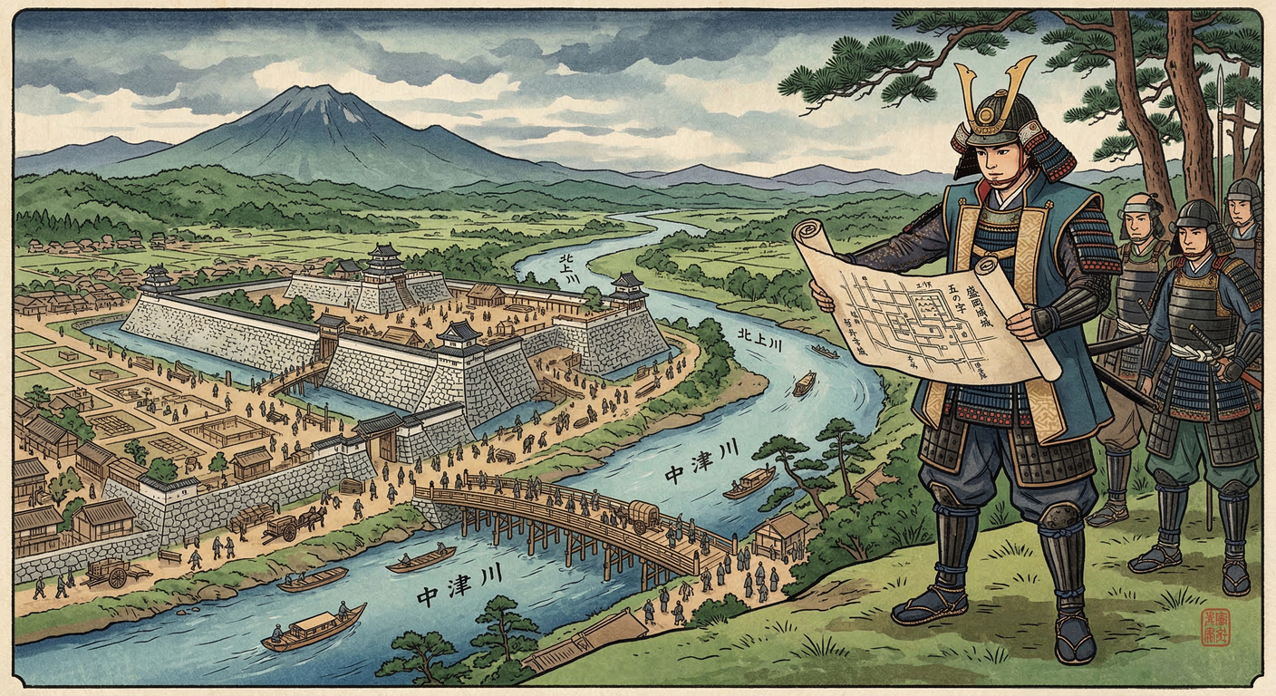 慶長4年、秀吉死後、南部信直は広大化した領国統治のため、不来方（盛岡）へ本拠地移転を決断。浅野長政の助言を得て、水運と防御に優れた地に城下町を整備し、南部氏の近世大名化を図った。