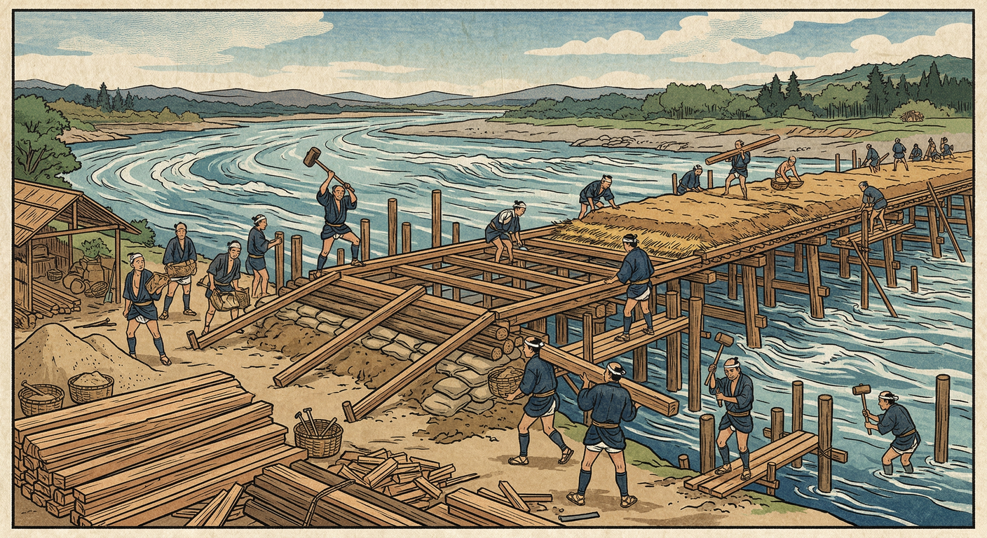 徳川家康の命で1601年に架け替えられた矢作橋は、東海道の要衝として岡崎の発展を促し、天下普請の先駆けとして徳川治世の礎を築いた。