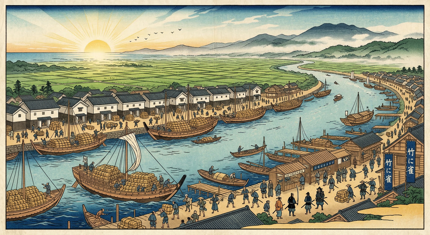 慶長九年、伊達政宗は北上川改修と石巻港整備に着手。川村孫兵衛の尽力で三川合流を成し遂げ、仙台藩は実質百万石の経済力を確立。江戸廻米の拠点となり、政宗の天下への野望を経済で実現した。