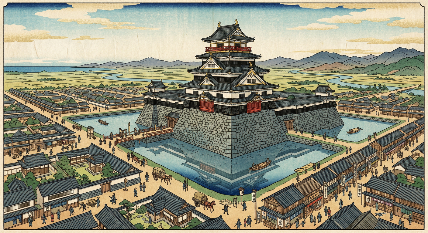 慶長11年、結城秀康が福井城を完成。信長の一乗谷破壊、柴田勝家の北ノ庄築城を経て、越前支配の中心は山間から平野へ。徳川の威信を示す新府「福井」が誕生し、北陸の要衝として確立された。